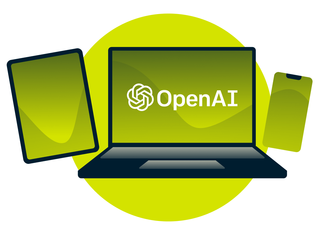แล็ปท็อป แท็บเล็ต และโทรศัพท์ที่มีโลโก้ OpenAI